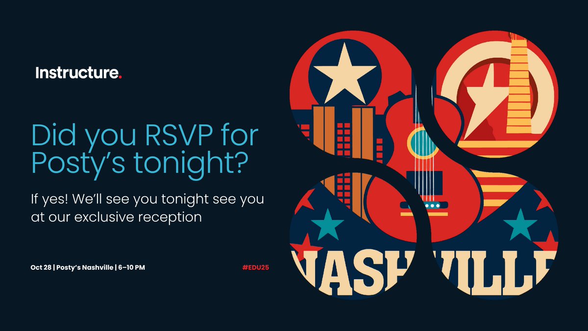 Instructure's tweet image. Did you RSVP “yes” to our Posty’s Reception? 🎉 Then we’ll see you tonight!

📍 Posty’s Nashville
🗓️ October 28 | 6:00–10:00 PM

Bring ideas to share, and your best energy to connect. ⚡

#EdTech #HigherEd #CanvasLMS