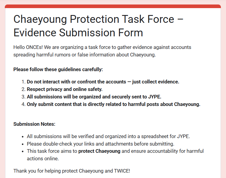 ONCESTREAMTWICE's tweet image. We are forming a task force to protect Chaeyoung from rumors and harmful content.

If you have evidence of accounts spreading false or offensive information, please submit it through our secure form:
🔗 forms.gle/Q6JucvvzVJEBDq…

All submissions will be verified and organized into…