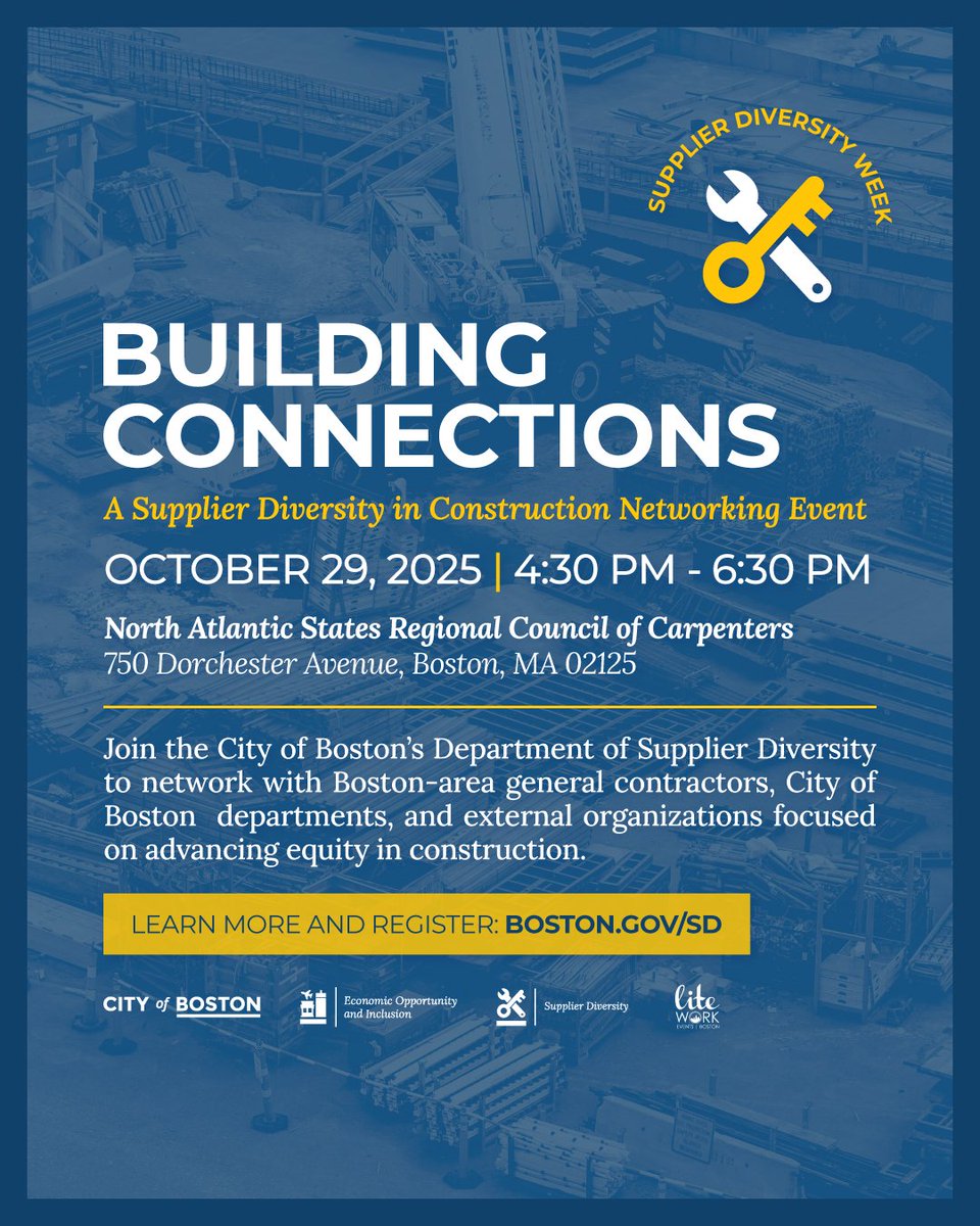 bostonoeoi's tweet image. Join the @CityOfBoston&apos;s Department of Supplier Diversity for Building Connections: A Supplier Diversity in Construction Networking Event tomorrow at 4:30 pm at the North Atlantic States Regional Council of Carpenters!

Learn more and register ➡️ eventbrite.com/e/building-con…