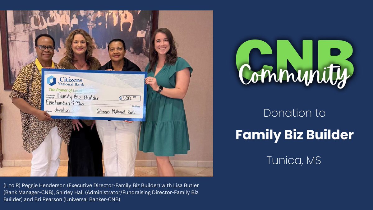 YourCNB's tweet image. @YourCNB is proud to support Family Biz Builder in Tunica, MS! 💙 Thank you for empowering youth &amp;amp; families through education, mentorship &amp;amp; life skills. Your impact strengthens our communities! #PowerOfLocal #CNBDonation