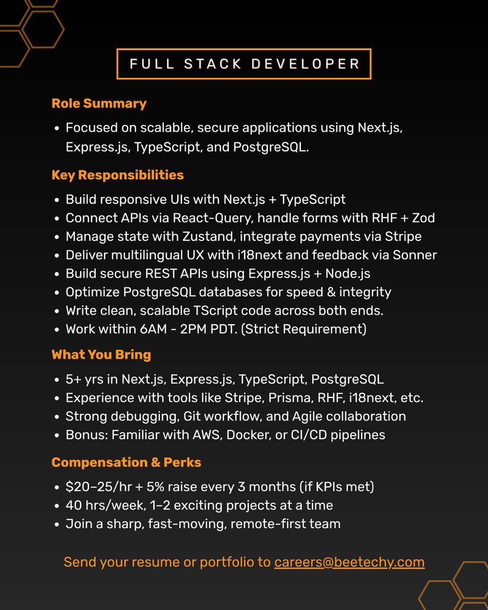 beetechyllc's tweet image. We’re hiring a Full Stack Developer! 🐝
Next.js | Express.js | TypeScript | PostgreSQL

💰 $20–25/hr + 5% quarterly raises
🕐 6AM–2PM PDT (Strict Requirement)
📩 Apply → careers@beetechy.com

#BeeTechy #Hiring #FullStackDeveloper #TechJobs #RemoteWork