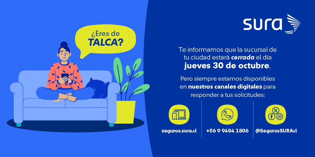 📍¡Atención Talca!

Si necesitas realizar trámites o gestionar tus seguros, recuerda que puedes hacerlo fácilmente a través de nuestros canales digitales 💻📱

Seguimos acompañándote estés donde estés 💙