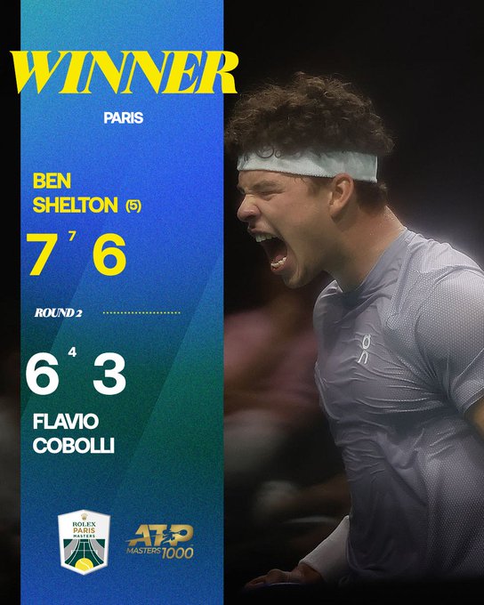 Graphic displays Ben Shelton as winner over Flavio Cobolli in second round with score 7-6 6-3. Shelton shown in gray shirt and headband celebrating with open mouth. Cobolli in gray shirt on right side. Rolex Paris Masters and ATP logos at bottom.