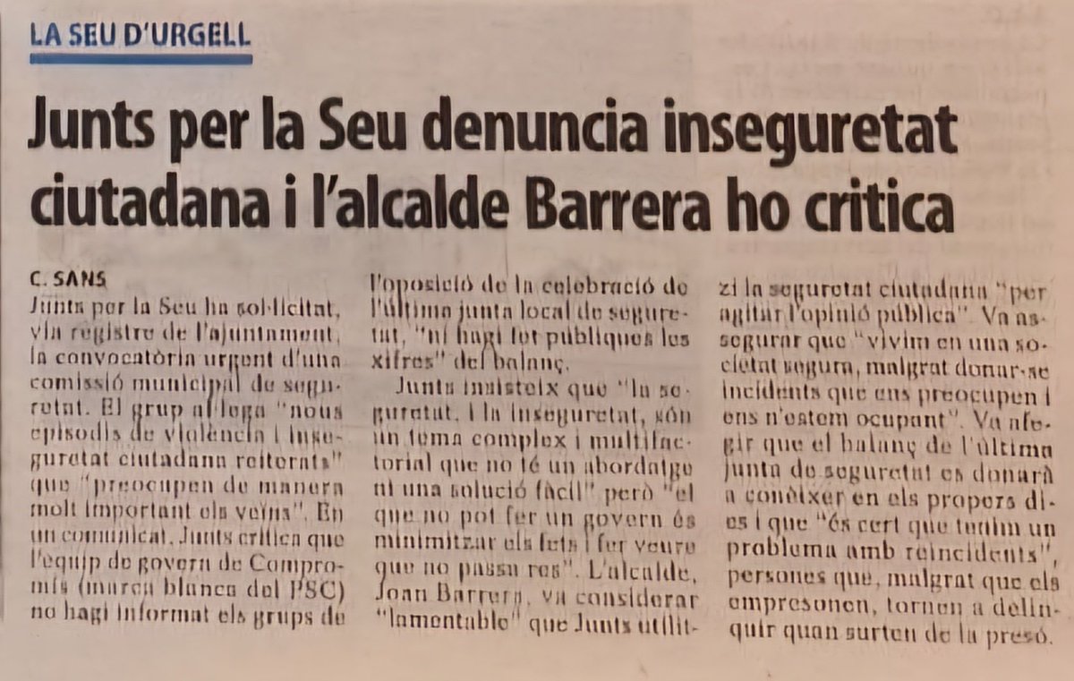 Un mes de la Junta de Seguretat, i l'alcalde Barrera continua amagant les dades i sense cap proposta de millora. No el preocupa la inseguretat i violència creixent, només que <a href="/JuntsXlaSeu/">Junts per la Seu d'Urgell</a> demanem solucions. Per cert, la llei contra la reincidència la té bloquejada el seu partit