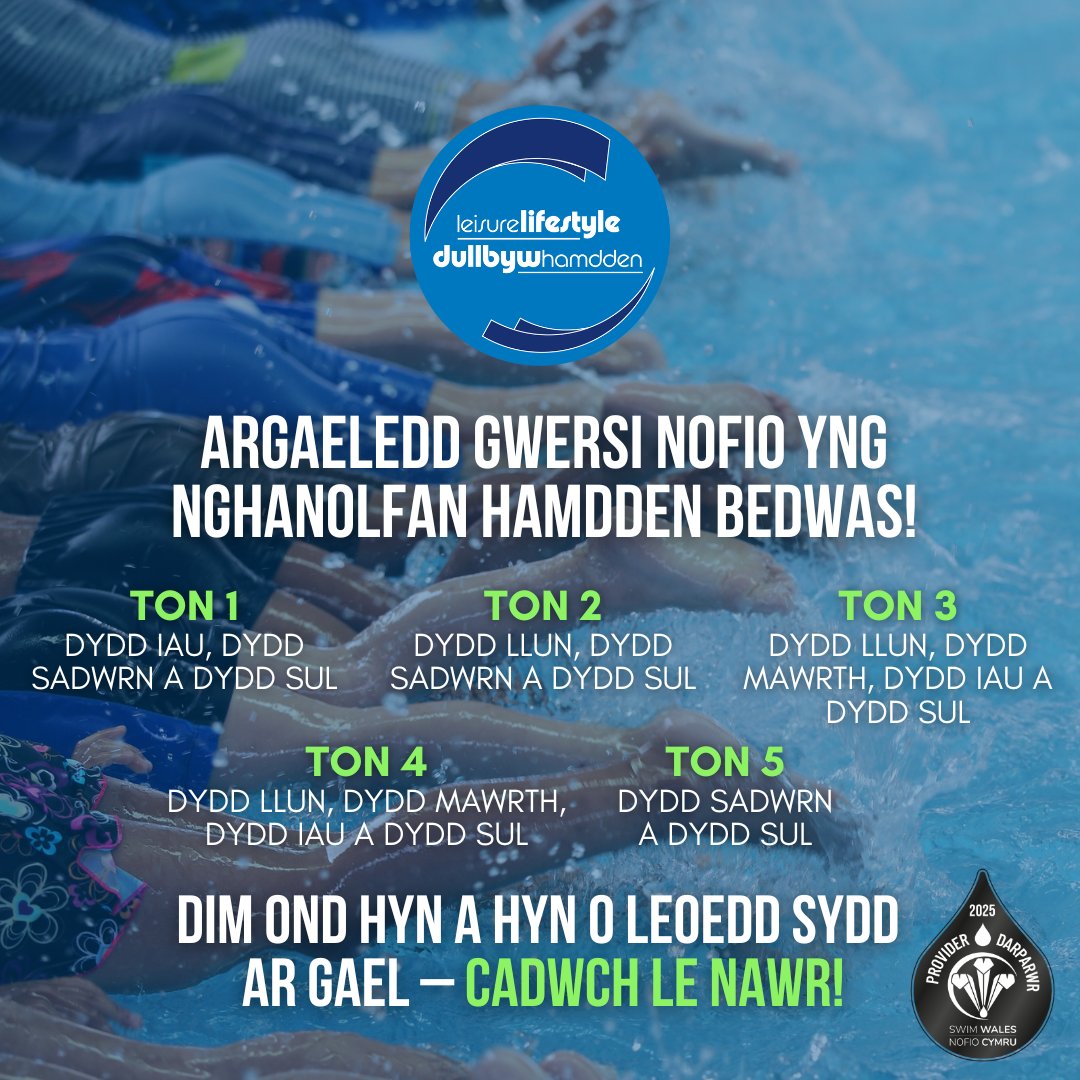 Leisurelifestyle (@leisure_ccbc) on Twitter photo 🏊Gwersi nofio yng Nghanolfan Hamdden Bedwas – lleoedd ar gael!💦
💬I gadw lle, cysylltwch â'r dderbynfa ar 07719 997699 neu e-bostio lcbedwas@caerffili.gov.uk 🏊Gwersi nofio yng Nghanolfan Hamdden Bedwas – lleoedd ar gael!💦
💬I gadw lle, cysylltwch â'r dderbynfa ar 07719 997699 neu e-bostio lcbedwas@caerffili.gov.uk