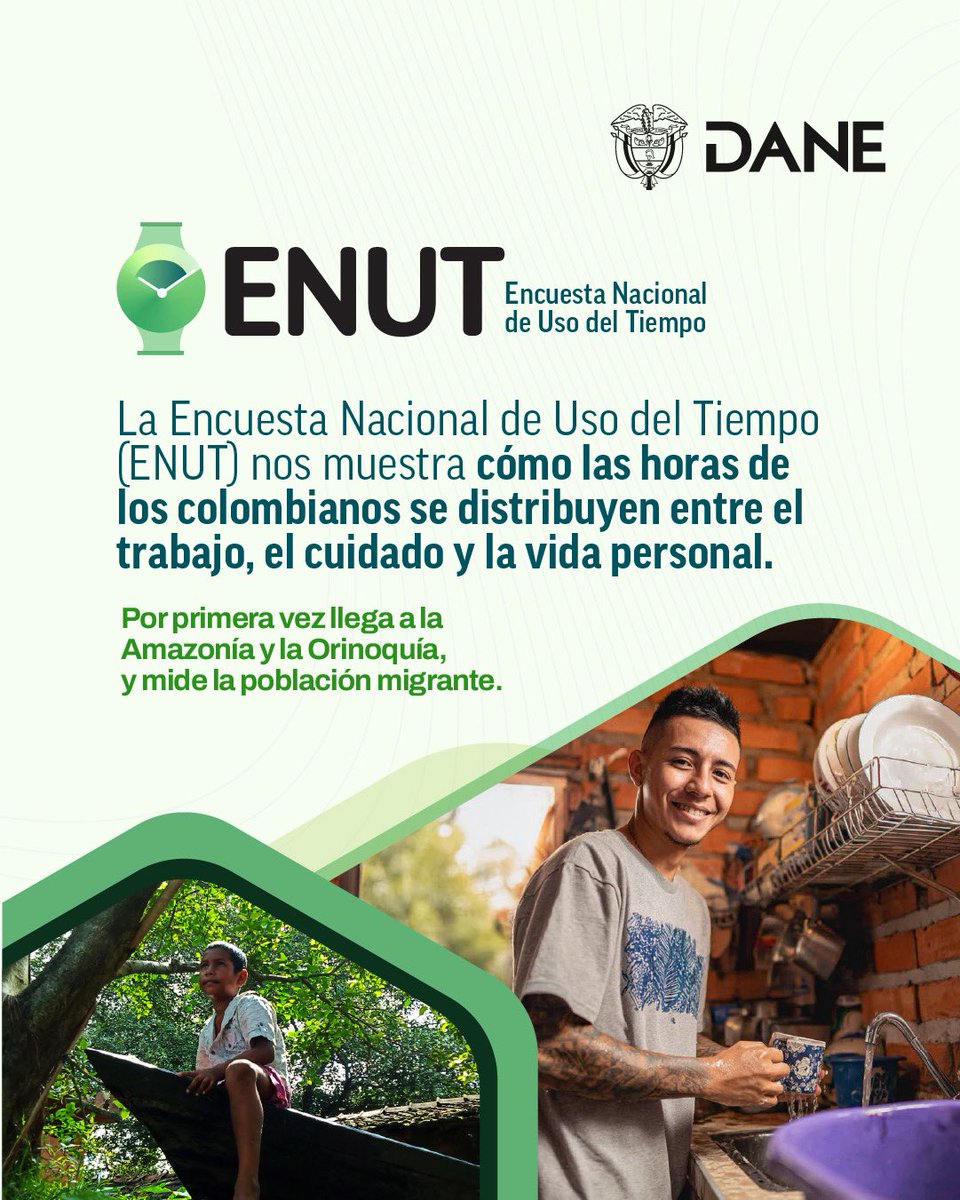 La Encuesta Nacional de Uso del Tiempo (#ENUT) del DANE amplía su mirada sobre el país:

📍 Por primera vez incluye las regiones Amazonía y Orinoquía.
🧳 Incorpora preguntas sobre migración.
👥 Encuestó cerca de 70 000 hogares, un 40 % más que en 2021.
👩‍👧 Incluye el trabajo