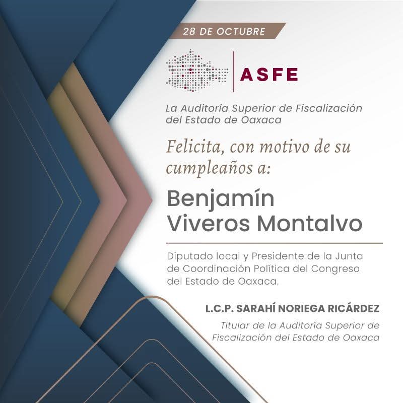 Con motivo de su cumpleaños, extendemos una cálida felicitación al Diputado Benjamín Viveros, Presidente de la #JUCOPO.

Deseándole un año lleno de satisfacciones personales y profesionales, así como nuevos logros en beneficio de nuestro estado.

#SomosASFEOaxaca
<a href="/BenjaViverosOax/">Benjamín Viveros</a>