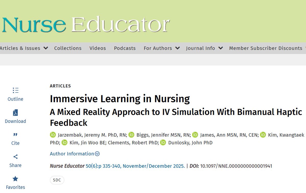 NEjournalonline's tweet image. &quot;Immersive Learning in Nursing: A Mixed Reality Approach to IV Simulation With Bimanual Haptic Feedback&quot;

Virtual reality and haptic simulations can closely replicate the nuances of IV insertion in diverse clinical scenarios. #VirtualReality #Simulation

tinyurl.com/2s42wsf2