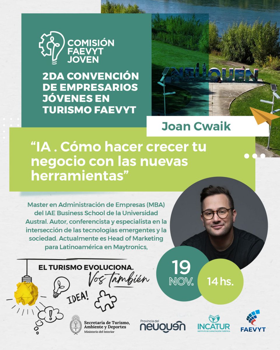 💡 ¡Seguimos impulsando el futuro del turismo! 🌍

En la 2da Convención de Empresarios Jóvenes en Turismo FAEVYT, contaremos con la participación de <a href="/JoanCwaik/">Joan Cwaik</a> 

🔗 Inscripciones: faevyt.org.ar/empresariosjov…

#FAEVYTJoven #Turismo #Innovación