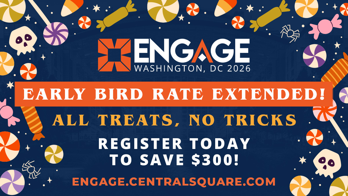 CentralSqTech's tweet image. We’ve got a scary good surprise to share: #CSTENGAGE 2026 Early Bird pricing has been extended! 👻 Our lowest ticket price will stick around for a limited time, giving you another chance to save $300 on ENGAGE registration. Don’t let this treat disappear: engage.centralsquare.com