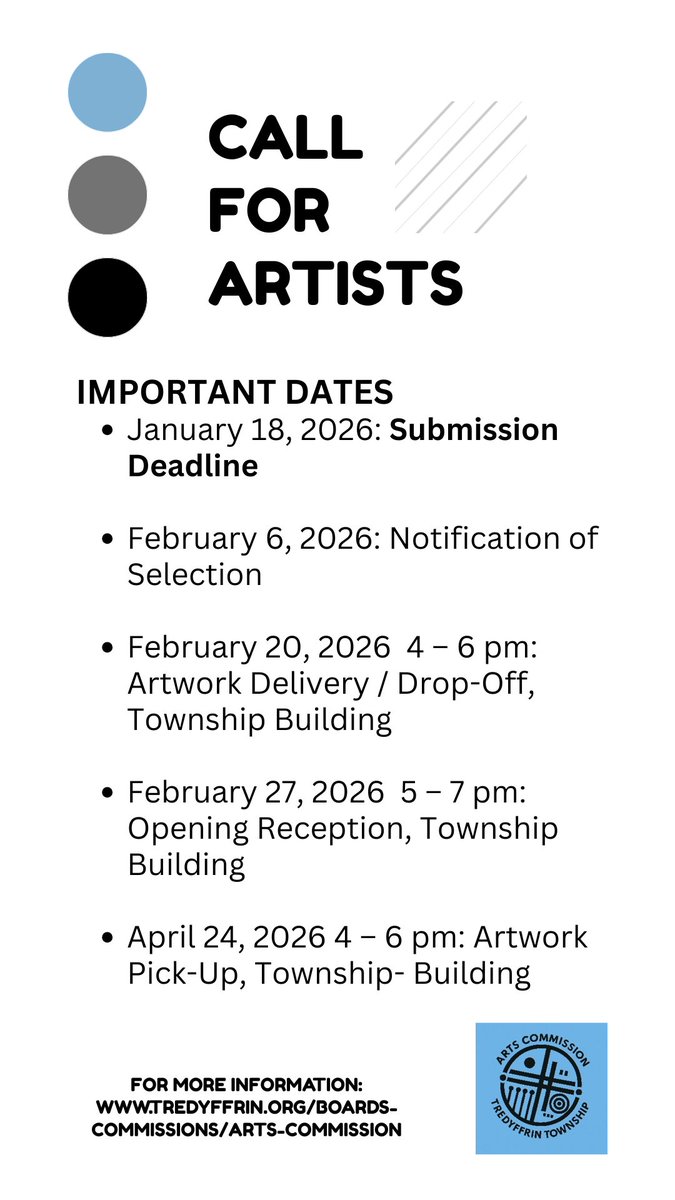 The <a href="/TredyffrinTwp/">Tredyffrin Township</a> Arts Commission invites high school-age students residing in the Township to submit an original black &amp; white photograph for exhibition March-May 2026. Selected works will be displayed in the lobby of the Township Building. Visit the Twp. website for more info!