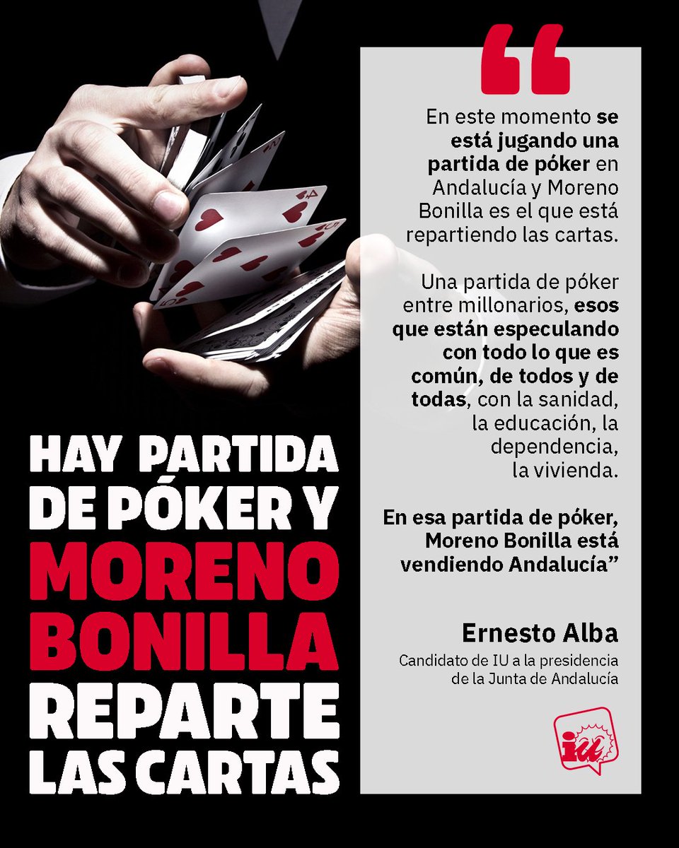 Los millonarios juegan al póker con nuestros derechos y las cartas las reparte Moreno Bonilla.

Sanidad, Educación, Dependencia... todo lo que conquistaron nuestros mayores se está poniendo en venta. 

No permitiremos que jueguen con nuestras vidas.

📰 acortar.link/MWO1rf