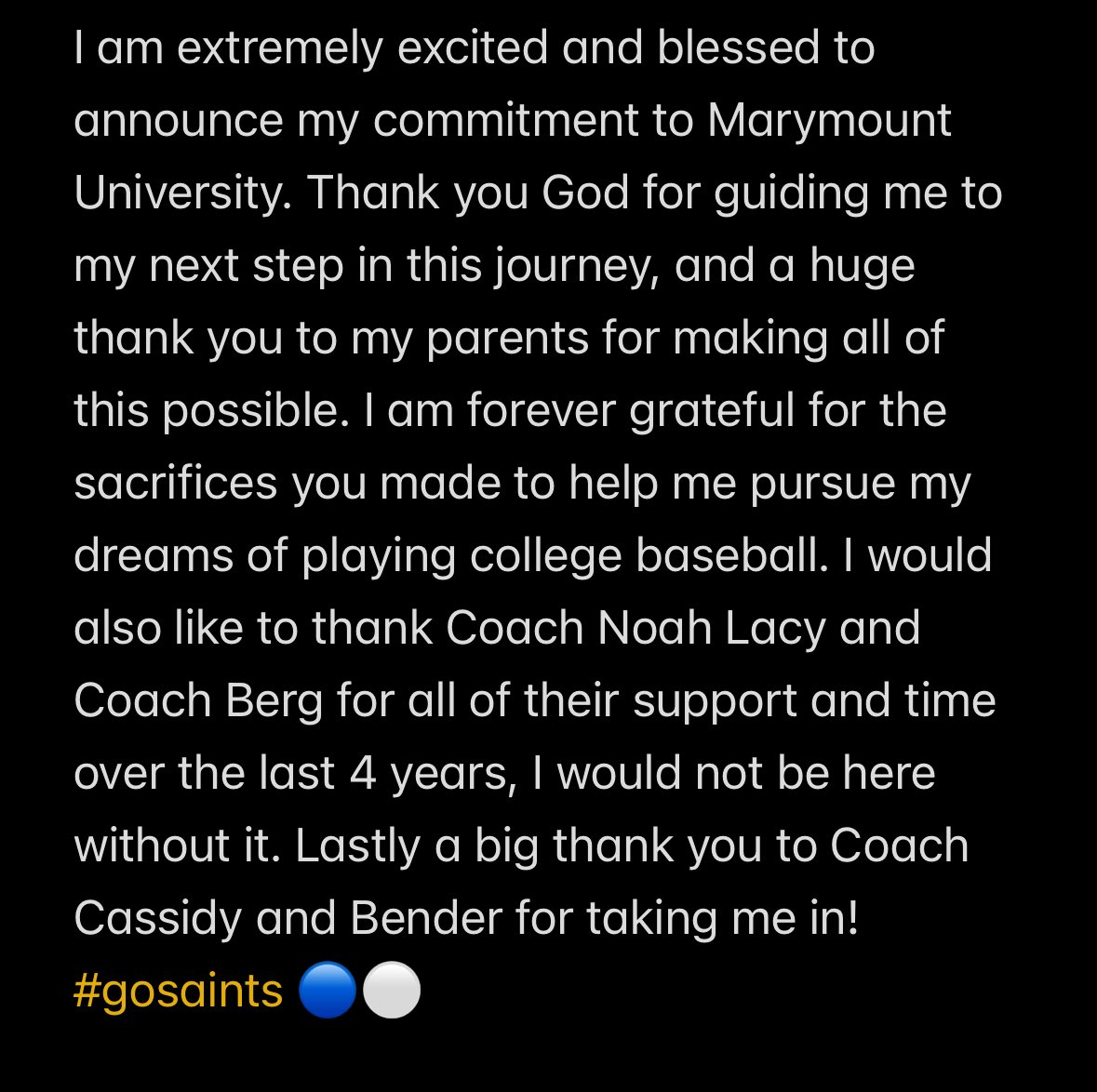 Committed. 🔵⚪️ #gosaints 

<a href="/DHSPress/">DHS Press</a> 
<a href="/MarymountBASE/">Marymount Baseball</a> 
<a href="/DomHighBaseball/">DHS Titan Baseball</a> 
<a href="/RBI_VA/">Replay Baseball Institute</a>