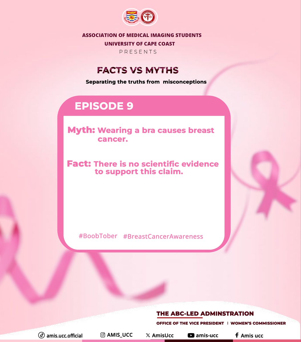 AmisUcc's tweet photo. 🎀 Fact vs Myth | Episode 9 🎀
👙Bras don’t cause cancer — but believing myths can keep us from focusing on real risks.
Stay informed. Stay aware. 💗
#Boobtober2025 #BreastCancerAwareness https://t.co/8nd4Xe5F0u
