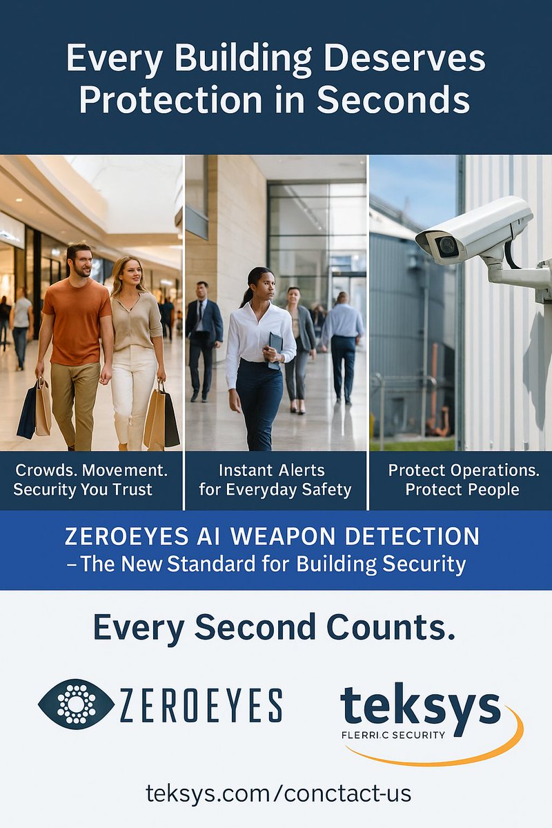 TeksysInc's tweet image. 🏢 Every Building Deserves Protection in Seconds

From malls and offices to industrial sites — every property needs proactive safety.

🎯 ZeroEyes AI detects visible weapons in seconds
⚡ Alerts security instantly
🔒 Works with your existing cameras

#BuildingSecurity #ZeroEyes