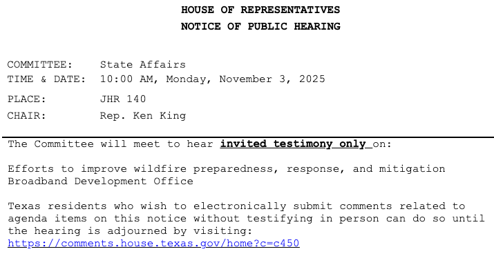 Inbox: House State Affairs will meet on Monday next week to hear invited testimony on wildfire preparedness. #txlege