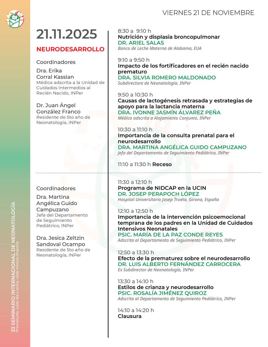 INPer_mx's tweet photo. 33 SEMINARIO INTERNACIONAL DE NEONATOLOGÍA  #Prematurez, cada día cuenta, cada minuto importa  Del 19 al 21 de noviembre, 2025  

AVALADO POR @NeonatologiaMex
RECONOCIDO @CMCPNEONATO 

¡INSCRÍBETE! https://t.co/V45DRlYdp6 

SEDE Auditorio Dr. Samuel Karchmer K. del @INPer_mx https://t.co/sTBLGfYC9J