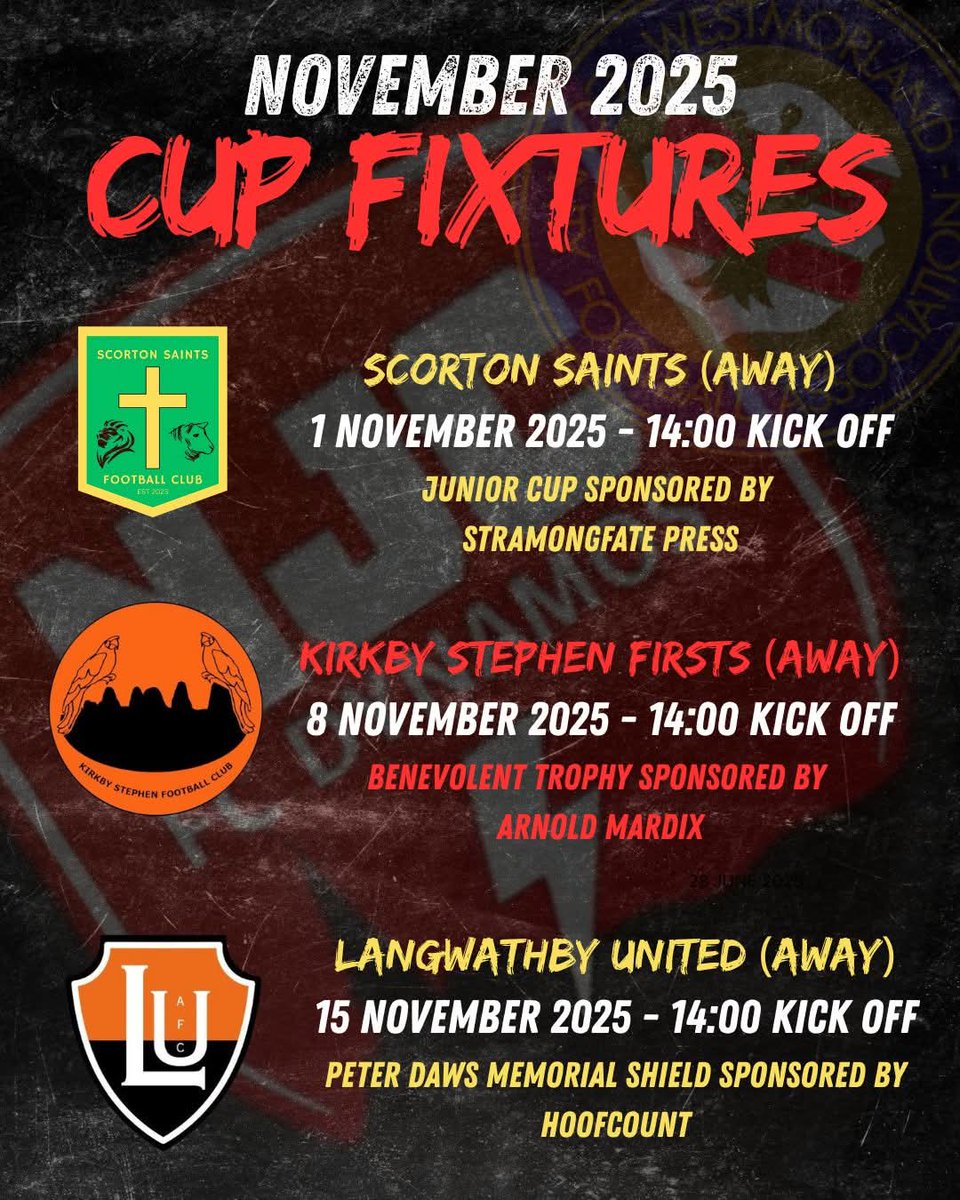 𝑵𝒐𝒗𝒆𝒎𝒃𝒆𝒓: 𝑪𝒖𝒑 𝑭𝒊𝒙𝒕𝒖𝒓𝒆𝒔 

We kick off November with a trio of Westmorland County FA Cup fixtures, with three away days on the bounce to visit Scorton Saints FC, Kirkby Stephen FC and Langwathby United 

#UptheDynamos