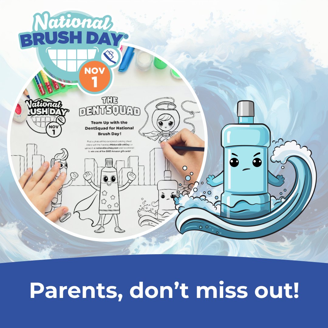 #NationalBrushDay is this week! If your kids could use a refresher on the importance of brushing, flossing, and rinsing, check out our #NBDDentSquad and free activity sheets here: bit.ly/3F6tdV8. Submitting your kids’ masterpieces means you all can win a prize!

#2Min2x