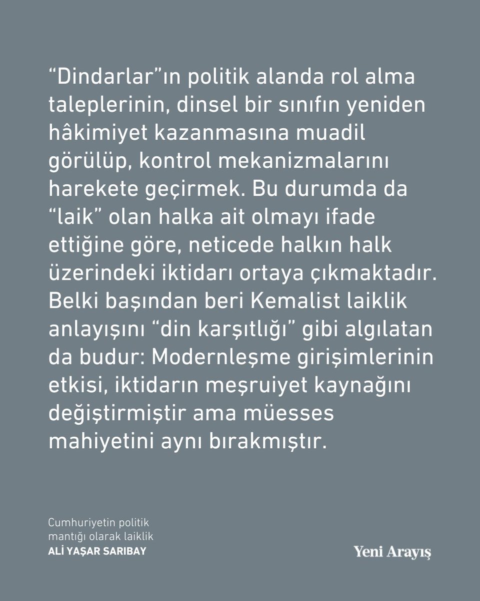 ❝ Cumhuriyetçiliğin kalbi olarak yurttaşlığın sağlıklı çalışması şartının "tahakkümsüz" bir özgürlük anlayışı olduğu hususu son derece önemlidir ❞

Cumhuriyetin politik mantığı olarak laiklik

✍️ Ali Yaşar Sarıbay (<a href="/Politolog00/">Ali Yaşar Sarıbay</a>) yazdı

Okumak için ➡️ yeniarayis.com/yazi/cumhuriye…