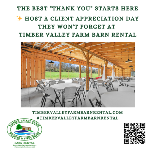 GlampingCabin's tweet image. The Best &quot;Thank You&quot; Starts Here

✨ Host a Client Appreciation Day They Won&apos;t Forget at Timber Valley Farm Barn Rental

Visit us at timbervalleyfarmbarnrental.com #TimberValleyFarmBarnRental #ClientEvents #ThankYouClients #CorporateVenue #BarnRental