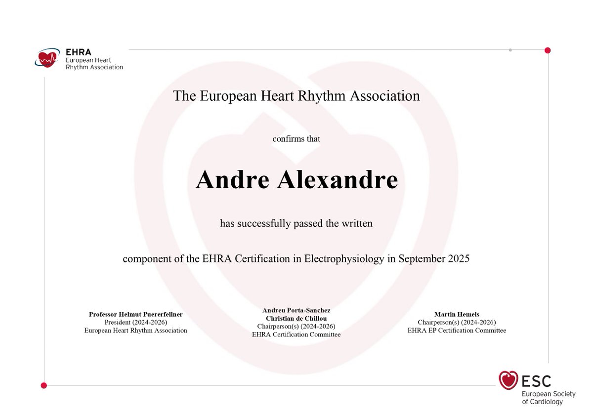 andrefalexandre's tweet photo. Thrilled to share that I recently passed the theoretical exams for dual EHRA certification — in "Invasive Cardiac Electrophysiology" and "Cardiac Implantable Electronic Devices"!

This achievement represents an important step forward in my subspecialty training.

#EHRA #EP #CIED https://t.co/5vXDAjGPkq