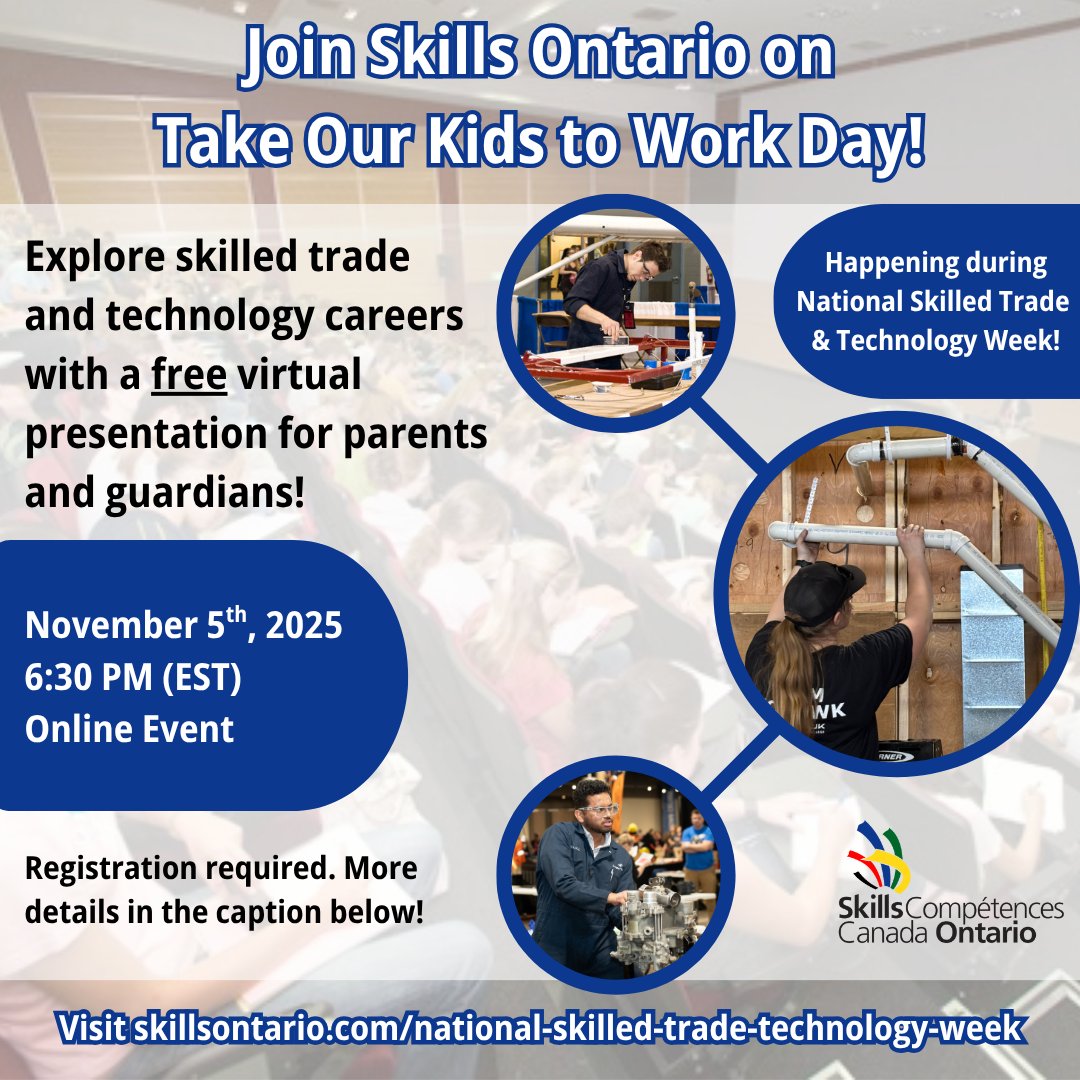 Take Our Kids to Work Day is a great time to explore skilled trade and technology career pathways with your child! 🔎🛠️

Join us the evening of Nov. 5th for a free virtual presentation for parents and guardians. You can sign up now using the link below 👇