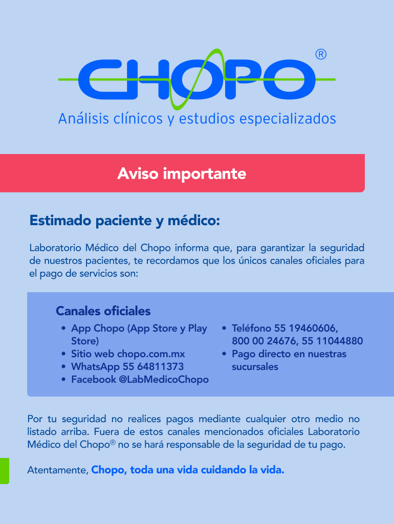 Te recordamos que nuestros canales oficiales para realizar pagos en Laboratorio Médico del Chopo son nuestra app, web, redes sociales oficiales o directamente en sucursal. 💙

#Chopo #TodaUnaVidaCuidandoLaVida #MetodosdePago