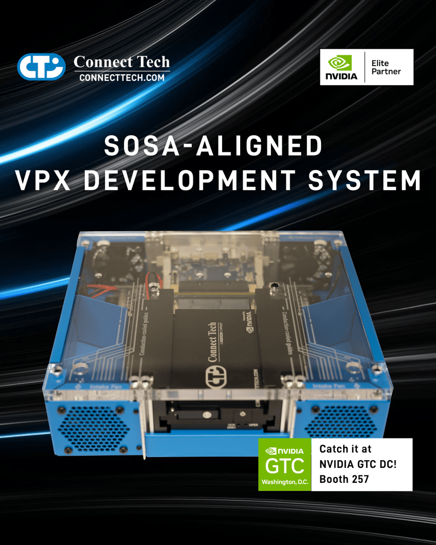 ConnectTechInc's tweet image. Connect Tech announces its #SOSA-aligned #VPX Development System — a compact 3U / 1-slot chassis for rapid prototyping and testing. connecttech.com/connect-tech-s… 

✅ Stackable or standalone
✅ Full I/O via RTM
✅ Four-fan active cooling
✅ Powered by @NVIDIARobotics Jetson AGX Orin