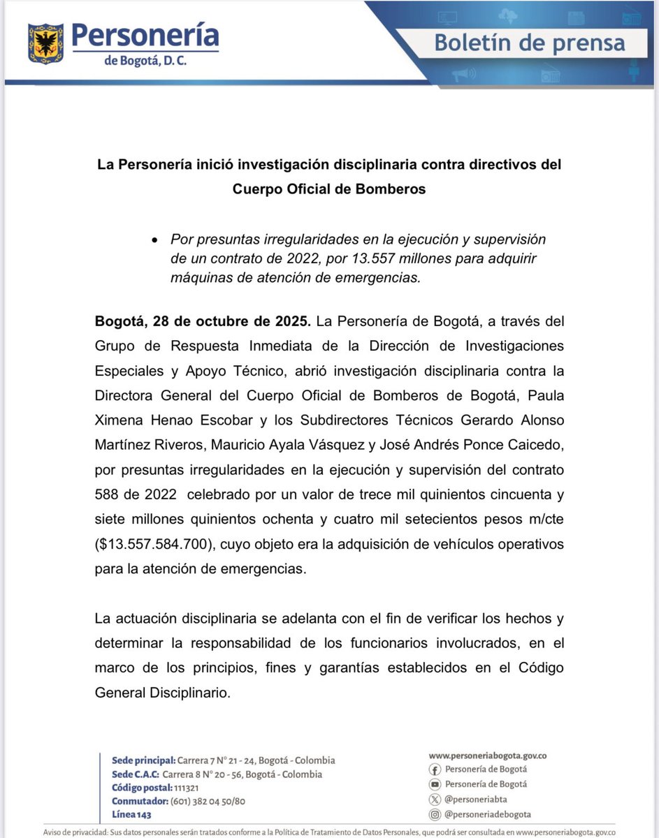 #ATENCIÓN el tiempo se encarga de darme la razón. La <a href="/personeriabta/">Personería de Bogotá</a> abrió investigación disciplinaria contra la Directora de <a href="/BomberosBogota/">Bomberos Oficiales de Bogotá</a> <a href="/PaulaHenaoCBB/">Paula Ximena Henao Escobar</a> y otros subdirectores, por presuntas irregularidades en la ejecución y supervisión del contrato de adquisición de 7 máquinas
