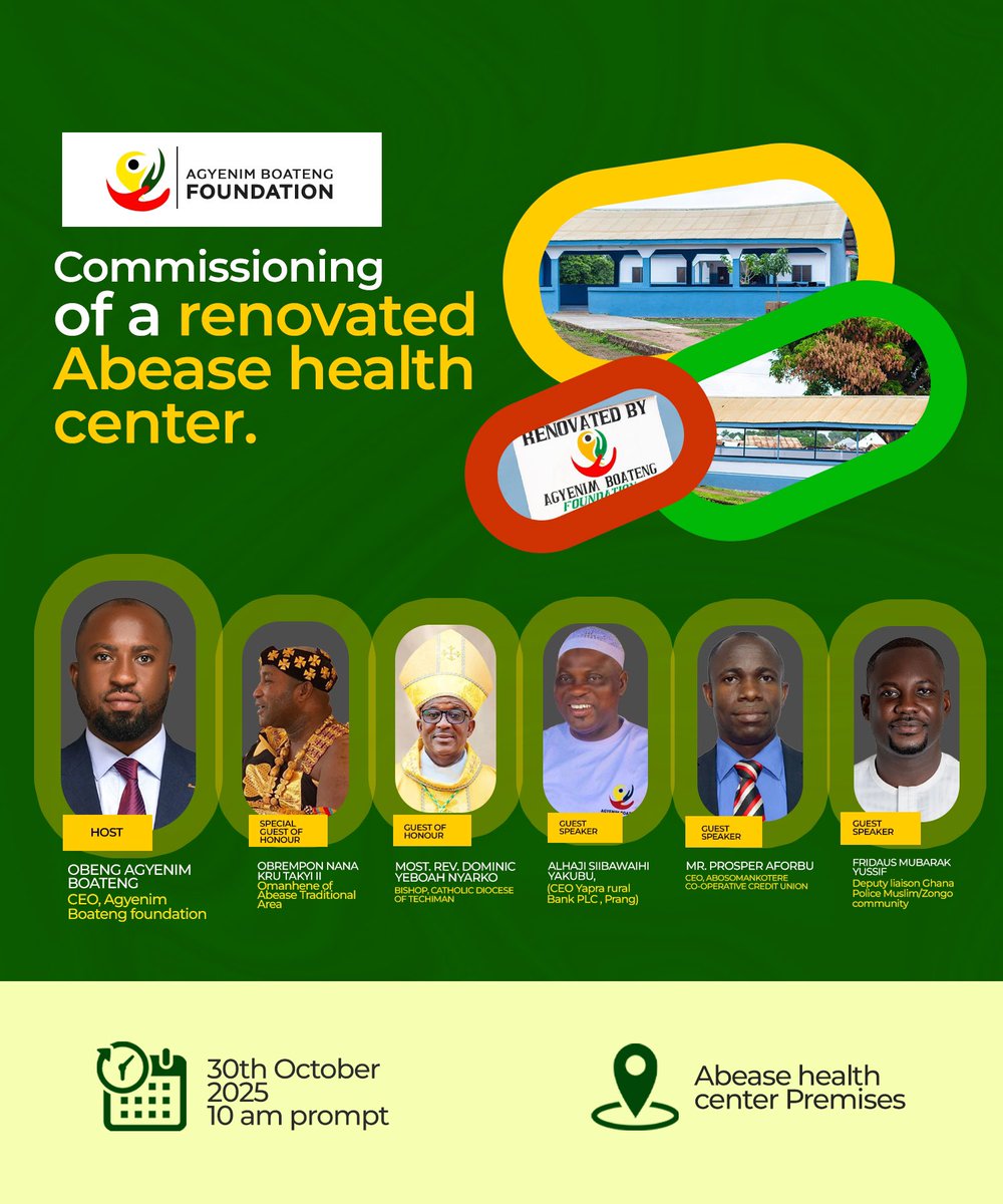 COMMISSIONING OF A RENOVATED ABEASE HEALTH CENTER

The Agyenim Boateng Foundation warmly invites the general public to the commissioning ceremony of the newly renovated Abease Health Center.