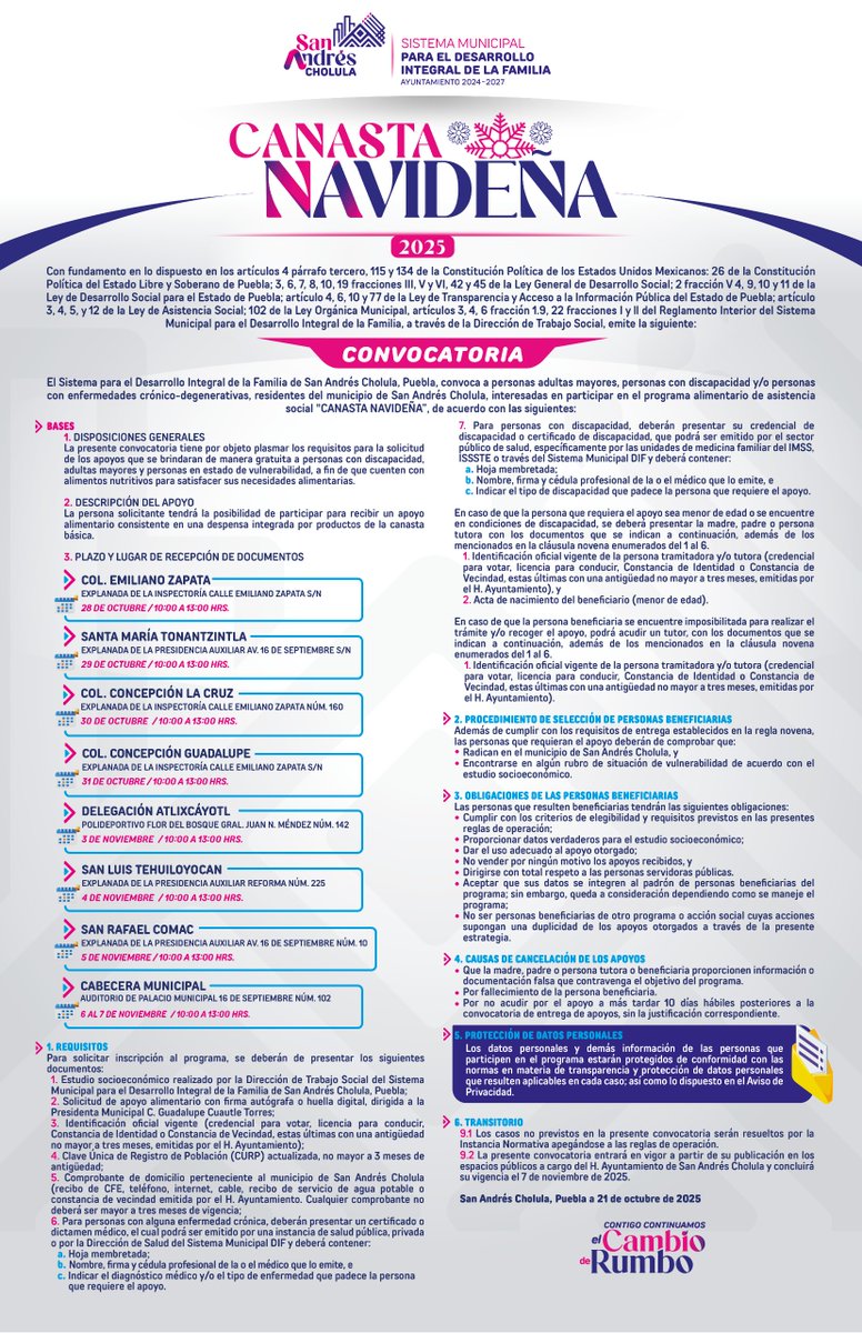 🎄Invitamos a personas en situación de vulnerabilidad a inscribirse en la “Canasta Navideña 2025”.
Este apoyo alimentario contempla una despensa con productos básicos.🧺

📌Consulta los requisitos y entrega documentos antes del 🗓️7 de noviembre.

Información: 2222966233 ext. 101