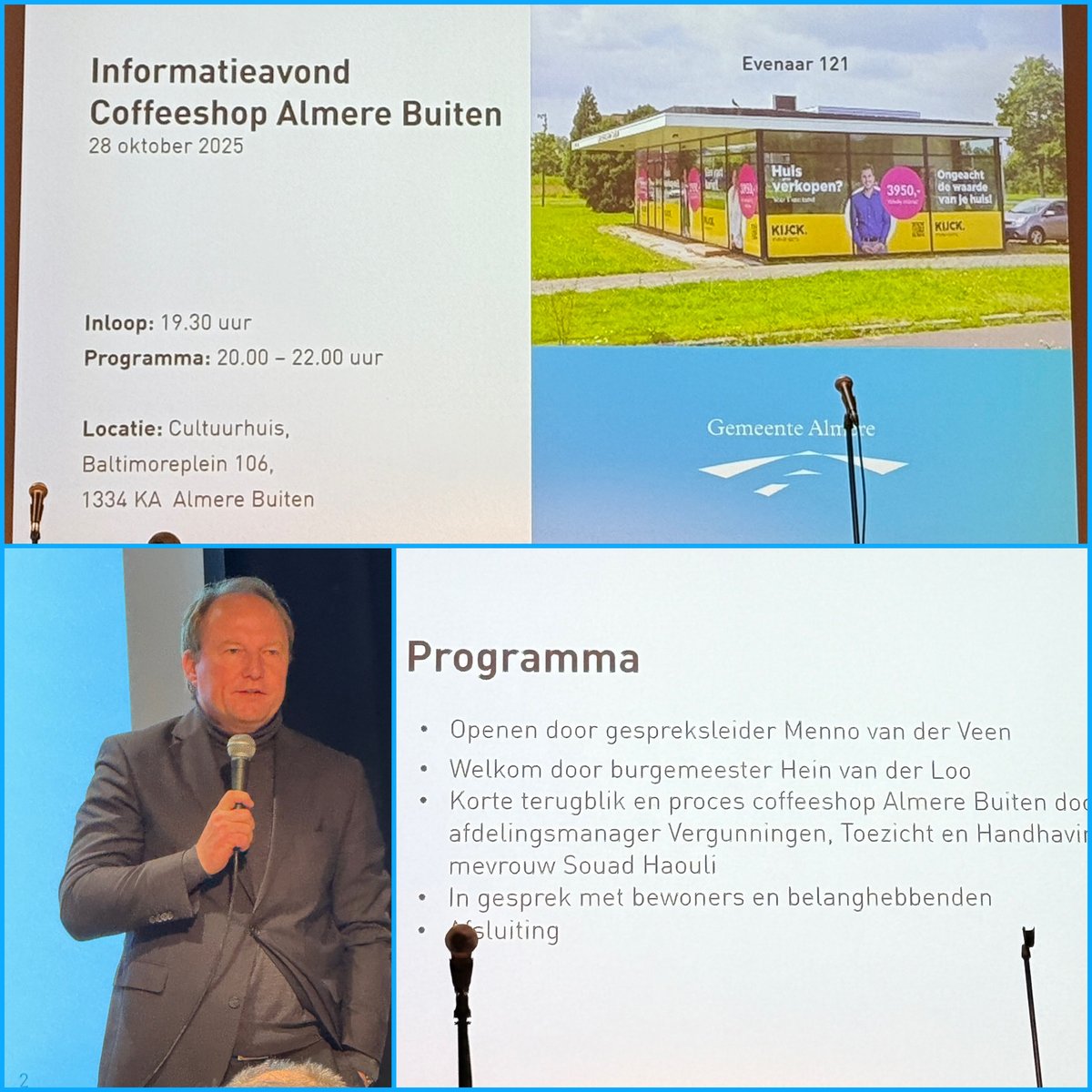 hnsvandijk's tweet image. Vanavond aanwezig op de druk bezochte bewonersavond met betrekking tot de coffeeshop Evenaar 121
De @BMAlmere van der Loo zal de vragen van bewoners en belanghebbende proberen te beantwoorden.
 De @CUAlmere was, is en blijft tegen de vestiging van een coffeeshop op deze locatie‼️
