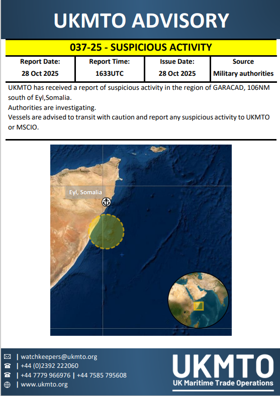 UKMTO ADVISORY 037-25 - SUSPICIOUS ACTIVITY

Click here to view the full Advisory⤵️
ukmto.org/-/media/ukmto/…

#MaritimeSecurity #MarSec