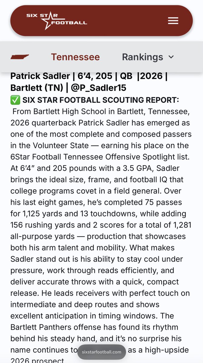 Huge shoutout to <a href="/sixstarfootball/">Six Star Football | PLUS+</a>, appreciate the feature and love for the game. Grateful for the recognition!

sixstarfootball.com/article/volunt…

Coach: <a href="/coachbowdenBHS/">Ben Bowden</a> <a href="/Coach_TDMiller/">Tommy Dale Miller</a>
Team: <a href="/Bartlett_FB/">Bartlett Panthers Football</a>

#QB15 #BartlettFootball #TNHSFootball #QBRecruit #ClassOf2026 #FridayNightLights