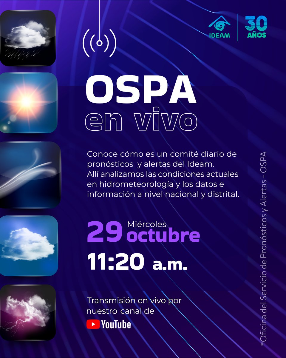 IDEAMColombia's tweet image. Conéctate a OSPA en vivo con el #Ideam

Descubre cómo se desarrolla un comité diario de pronósticos y alertas, donde nuestros expertos analizan las condiciones del clima en todo el país 🌦️

🔗 Únete aquí 👉 youtube.com/live/D3Ase88d2…

#Ideam