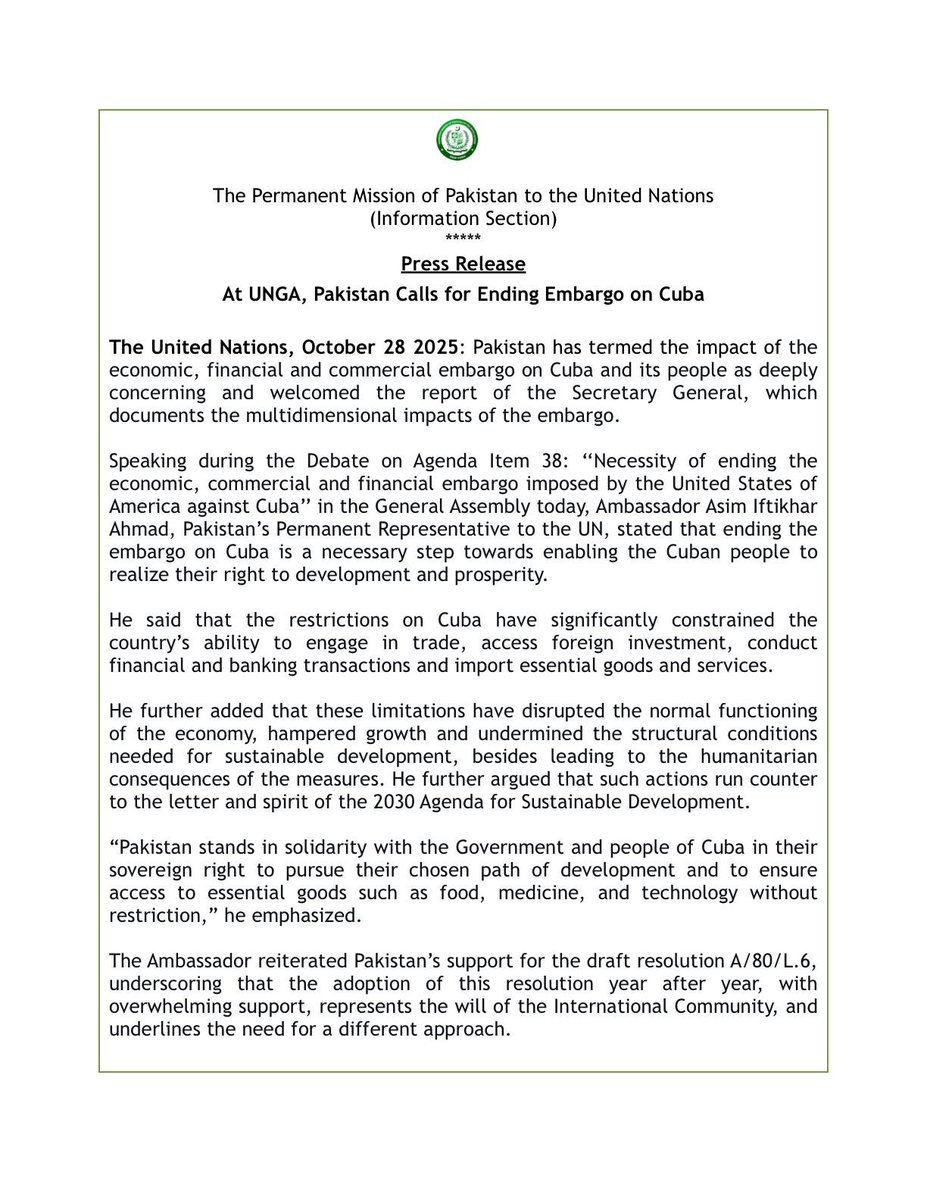 PakistanUN_NY's tweet photo. #PakistanInUN

At UNGA Today, Pakistan Calls for Ending Embargo on Cuba

Our Press Release today