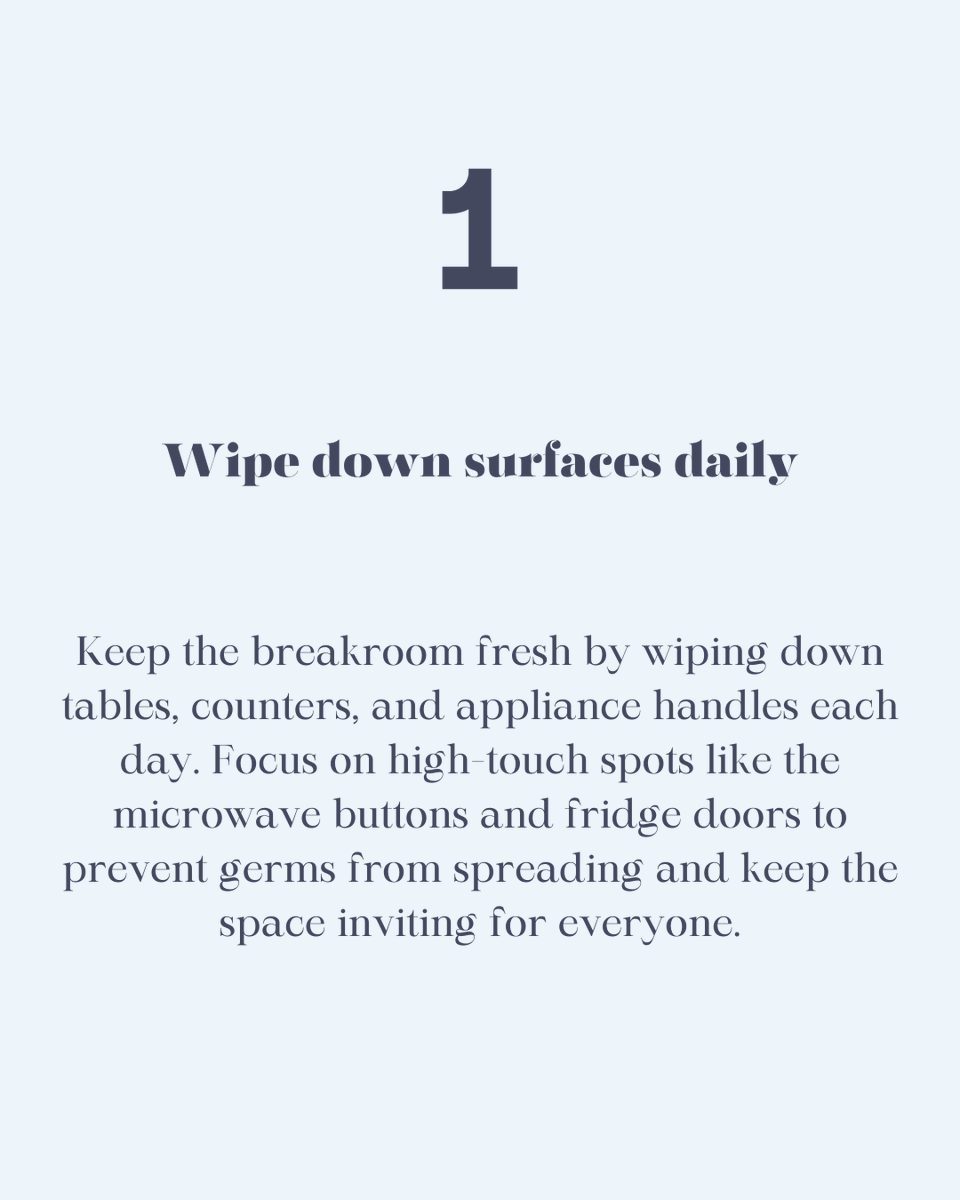 DBSCleaning's tweet photo. Use these 3 cleaning tips to create a space that encourages healthy habits, boosts morale, and keeps germs away. Regular wipe-downs, organized storage, and mindful cleanup make all the difference. Choose DBS Building Solutions to help keep your breakroom spotless and welcoming! https://t.co/edsuqPeUwF
