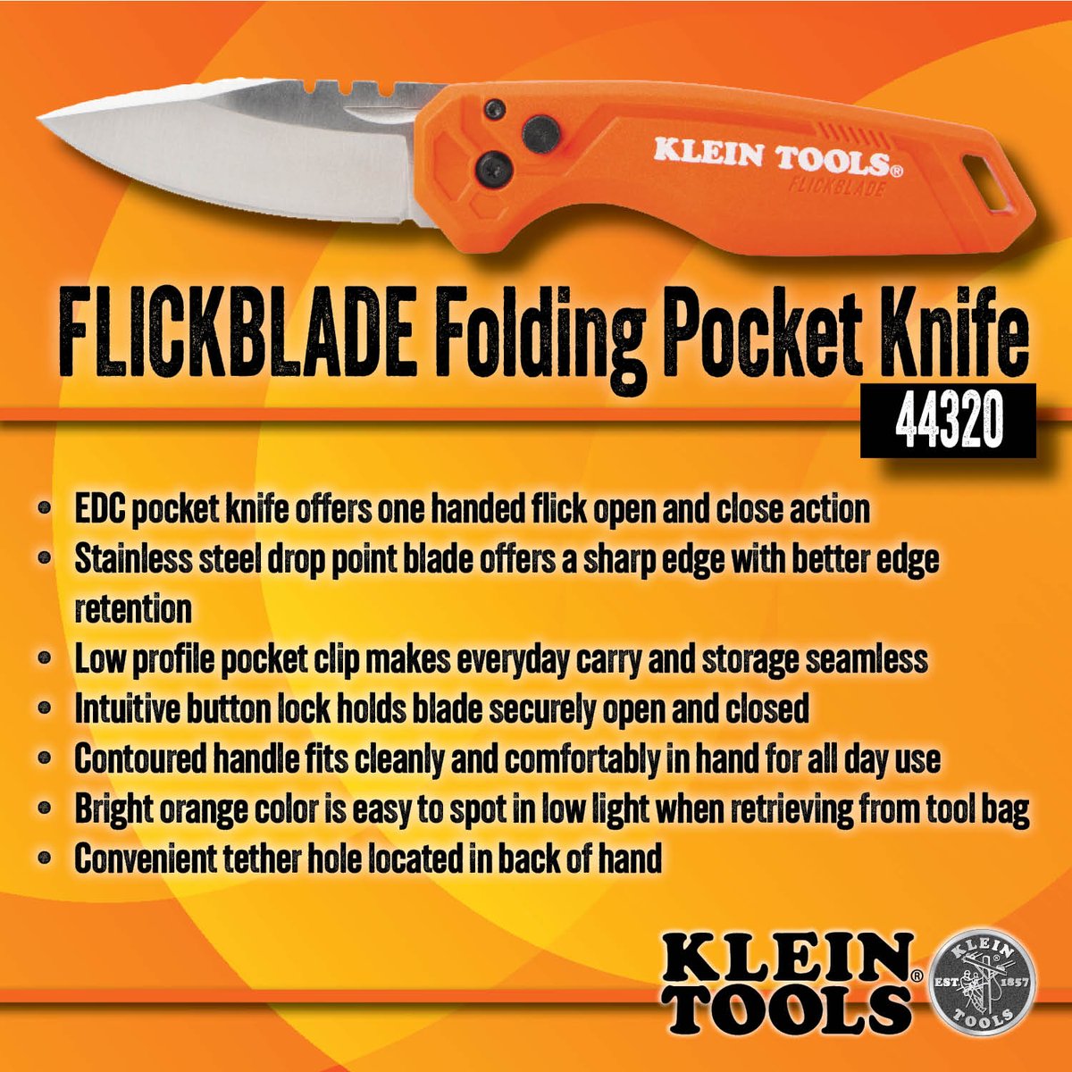 ElliottElectric's tweet image. Klein Tools Flickblade Folding Pocket Knife 💪
✅ One-handed flick open/close
✅ Sharp, durable stainless steel blade
✅ Low-profile pocket clip for easy carry
✅ Secure button lock
✅ Comfortable contoured handle
✅ Bright orange for easy spotting
✅ Tether hole for convenience…