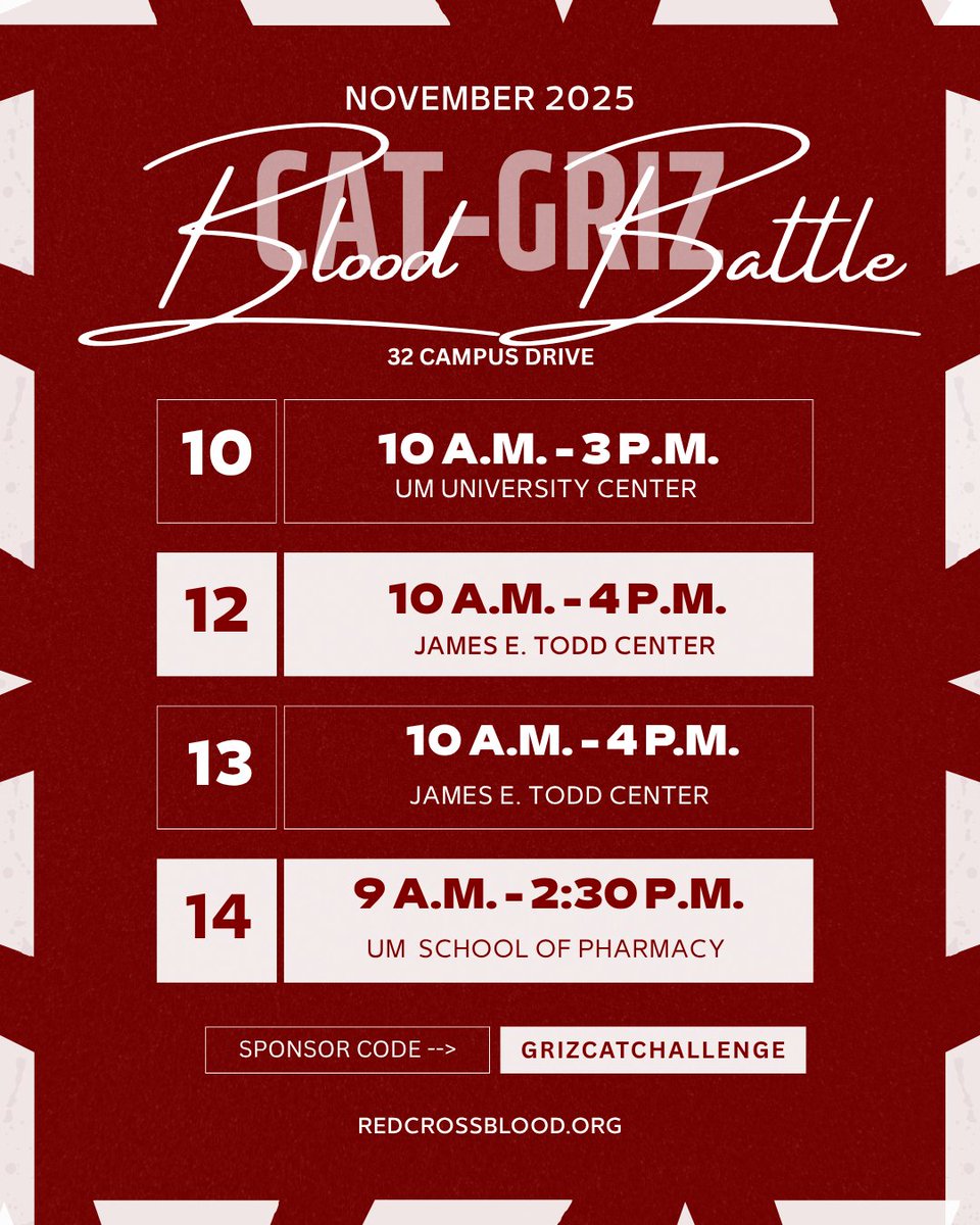 🏈❤️‍🔥The Blood Battle begins! This rivalry runs deep — but this battle saves lives!
📅 Sign up: RedCrossBlood.org
👉 Code: GRIZCATCHALLENGE or CATGRIZCHALLENGE
@UniversityOfMontana 🐻 | @MontanaStateU 🐱
#CatGrizBloodBattle #RedCrossMontana #GrizNation #BobcatNation
