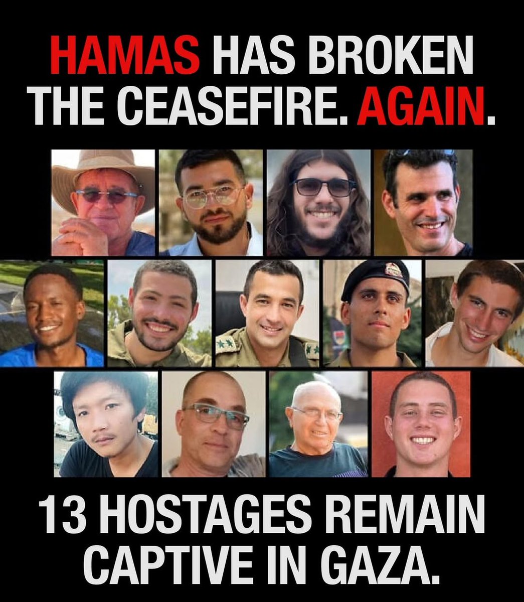 🚨 Hamas has broken the ceasefire. 🚨

Instead of honoring <a href="/POTUS/">President Donald J. Trump</a>' peace plan, Hamas staged a fake excavation of a hostage’s remains - a body the <a href="/IDF/">Israel Defense Forces</a> recovered two years ago.

Hamas also opened fire on IDF troops and still have not returned the bodies of 13 hostages, including 2