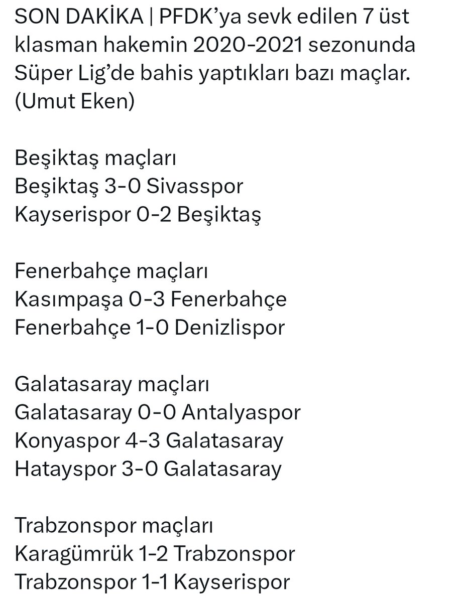 Galatasaray'ın şampiyonlukları şaibeli diyen mal değnekleri vardı. Galatasaray'ın 2020-2021 sezonundaki şampiyonluğunun çalındığı ortaya çıktı. Hakemler Galatasaray'ın kaybettiği maçlara bahis oynamış! 

Konuşun bakalım şimdi araştırmacı gazeteciler. Objektif görünümlü çakallar!
