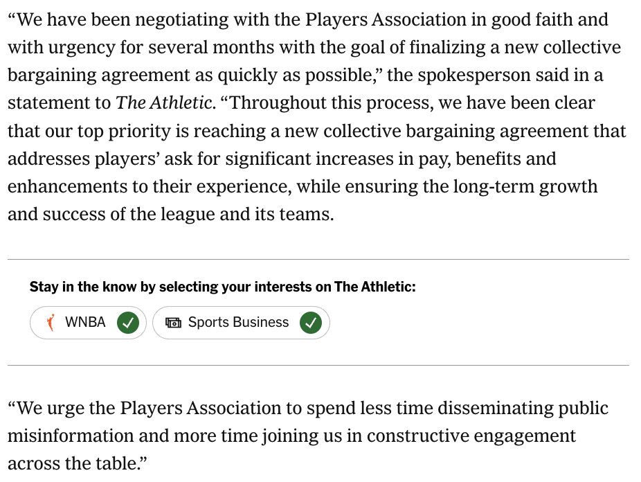 In a statement to The Athletic, a WNBA spokesperson said that while the league submitted its most recent proposal on Oct. 1, the union did not respond until yesterday. 

More below, on the latest in the W CBA: nytimes.com/athletic/67567…