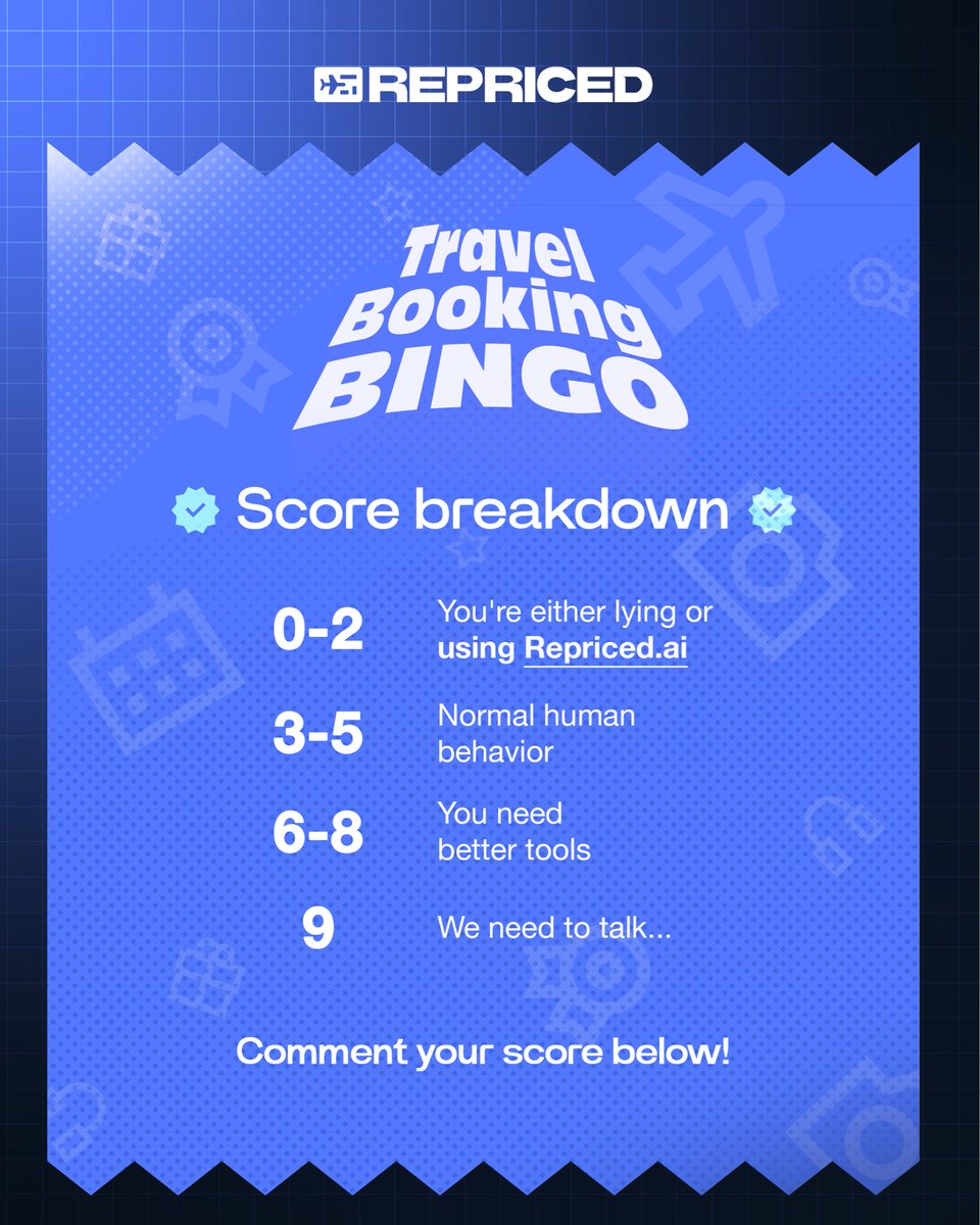 Travel booking bingo - be honest, what’s your score? 🎯

The people scoring low? They connected their email to <a href="/repricedai/">Repriced</a> and now they sleep peacefully while AI handles everything.

Drop your score below - no judgment 👇