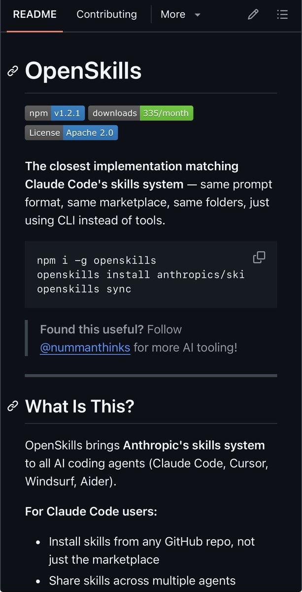 iannuttall's tweet image. This tool lets you use Claude Skills with any AI agent (Codex, Factory, Cursor etc)

- Same format and folders, just CLI instead of tools
- Access marketplace skills through GitHub
- Uses progressive disclosure (skills on demand)

github.com/numman-ali/ope…