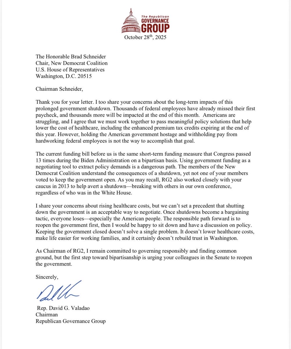 New: Brad Schneider, chair of New Dems, sent Rep. Valadao, chair of RG2, a letter asking for a meeting between the two groups to find a way “through  the gridlock” and discuss ideas to “lower costs and protect healthcare coverage that will empower our respective leaderships to