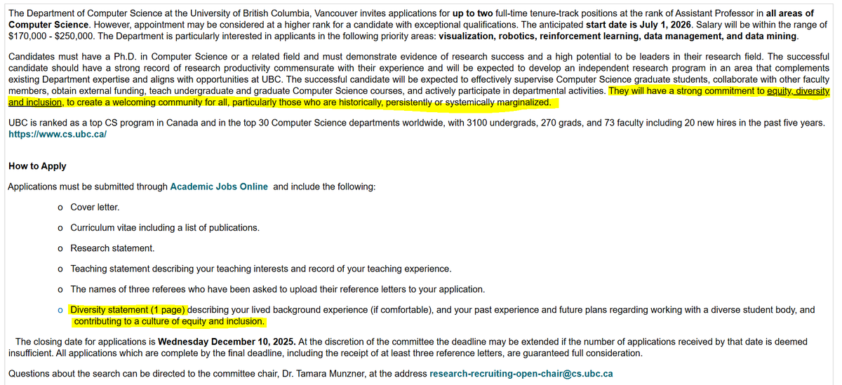 PageWizardGLE's tweet image. @UBC posted an ad for up to two Assistant Prof positions in Computer Science, a DIE pledge ad. It makes numerous ideological assertions. The general public and academics should condemn these anti-academic, exclusionary practices.
@SocietyforAcad1 @WatSAFS @sarkonakj @JoshDehaas