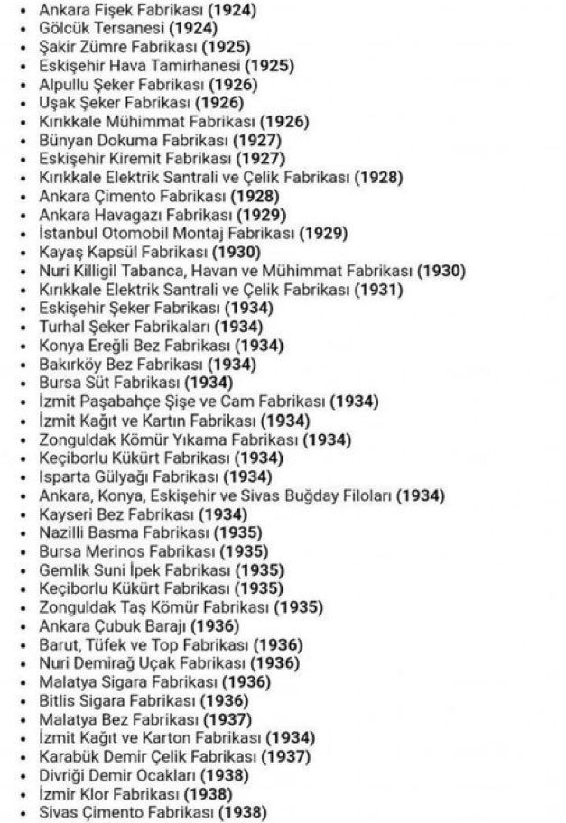 whisperhaber's tweet image. Mustafa Kemal Atatürk döneminde açılan fabrikaların listesi.