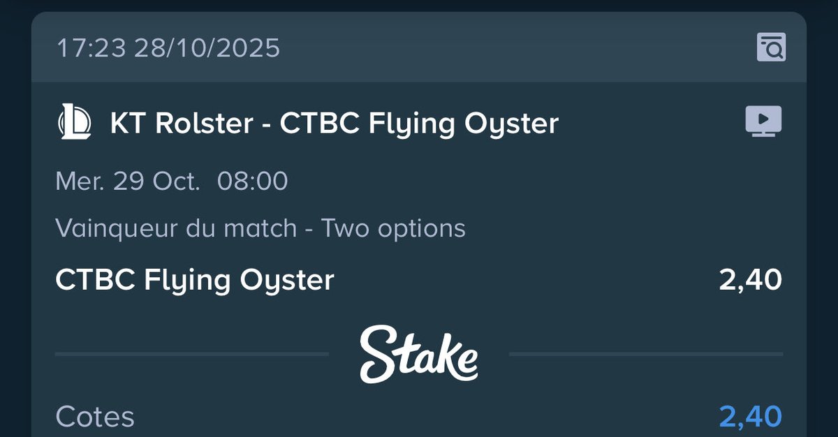 Mercredi 29 octobre 

CFO ➡️2,40

Je vois l’équipe Taiwanese de LCP s’imposer contre KT Rolster avec un impressionnant DOGGO à prévoir .

5 x10€ à gagner en commentaire 

#TeamParieur