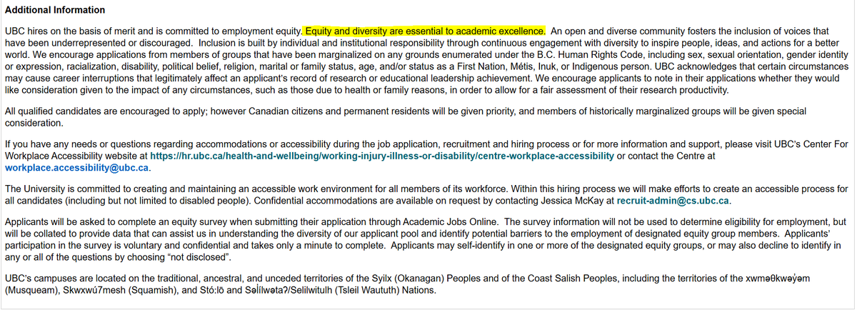 PageWizardGLE's tweet image. @UBC posted an ad for up to two Assistant Prof positions in Computer Science, a DIE pledge ad. It makes numerous ideological assertions. The general public and academics should condemn these anti-academic, exclusionary practices.
@SocietyforAcad1 @WatSAFS @sarkonakj @JoshDehaas